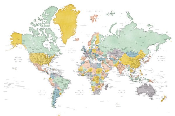 Harta Detailed world map in mid-century colors, Patti, Blursbyai, (40 x 26.7 cm)