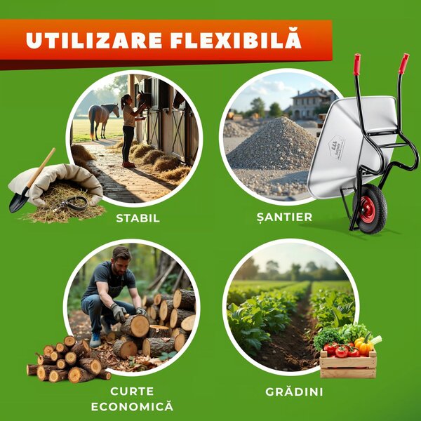 Roabă BARRY zincată, capacitate max. 100l/250kg, argintiu/negru Gardebruk