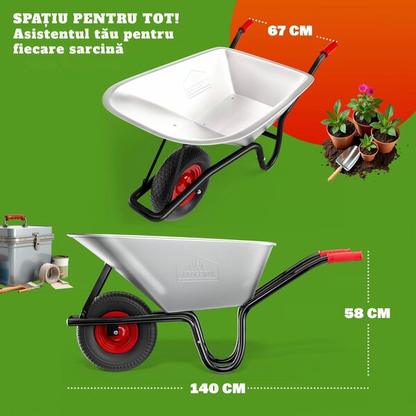 Roabă BARRY zincată, capacitate max. 100l/250kg, argintiu/negru Gardebruk