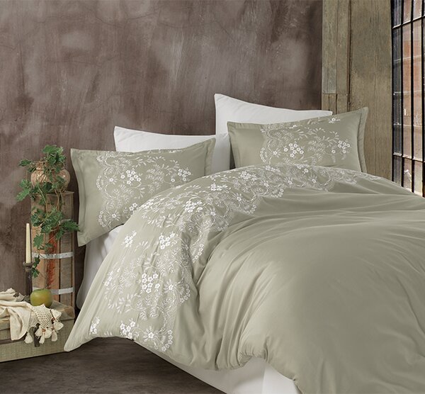 Lenjerie de pat premium satin de lux cu broderie, Clasy, Natura Verde V2