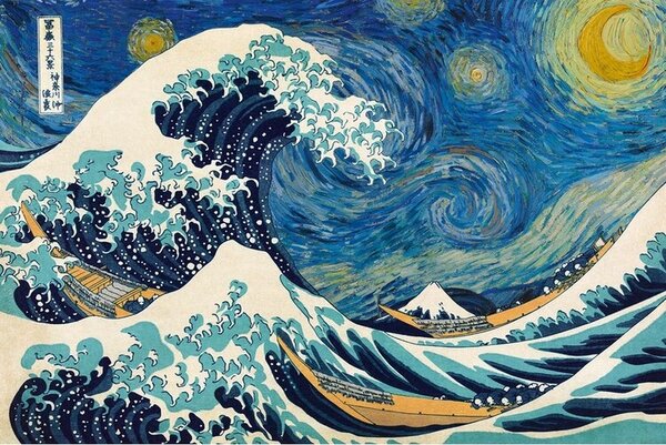 Poster Katsushika Hokusai ft. van Gogh - Marele val de la Kanagawa, (91.5 x 61 cm)