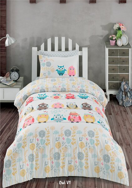 Lenjerie pat 3 piese, bumbac 100% ranforce,1 persoana, Class Home Collection, Owl