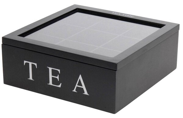 Cutie depozitare ceai 9 compartimente, Negru, 22,5x22,5x9 cm