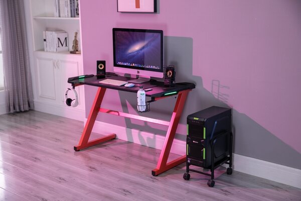 Birou gaming SIG 03R, sistem iluminare LED, bază metalică în formă de Z, picioare reglabile, 120x60x76 cm