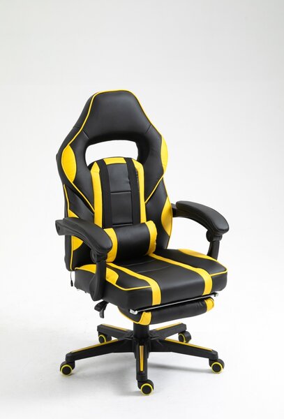 Scaun gaming cu masaj, suport picioare, funcție sezlong, SIG 8069M, Negru/Galben