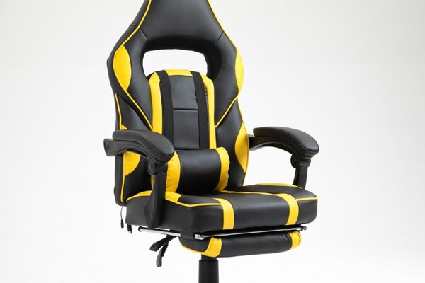 Scaun gaming cu masaj, suport picioare, funcție sezlong, SIG 8069M, Negru/Galben