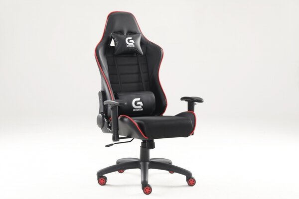 Scaun gaming, masaj în perna lombară, piele ecologică și material textil, recliner, Negru/Roșu