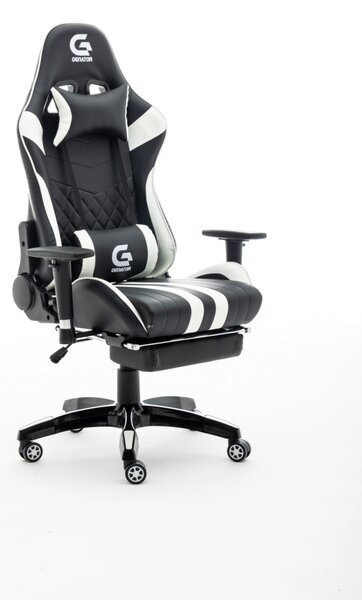 Scaun gaming King size cu masaj in perna lombară, funcție șezlong, suport picioare, Negru/Alb