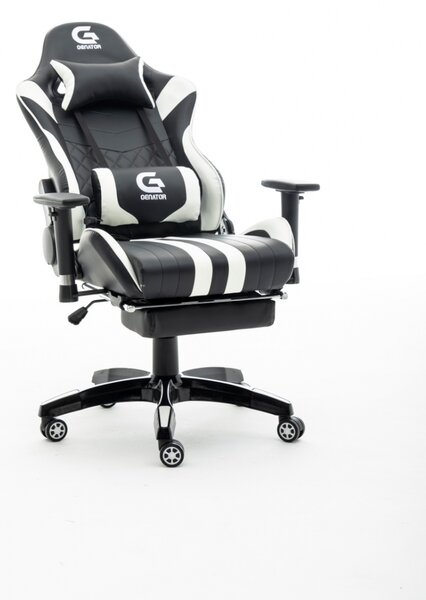 Scaun gaming King size cu masaj in perna lombară, funcție șezlong, suport picioare, Negru/Alb
