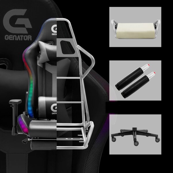 Scaun gaming, sistem iluminare bandă LED RGB, boxe Bluetooth, masaj în perna lombara, funcție șezlong, 90-180 grade, suport picioare, SIG GS 024, Negru/Gri