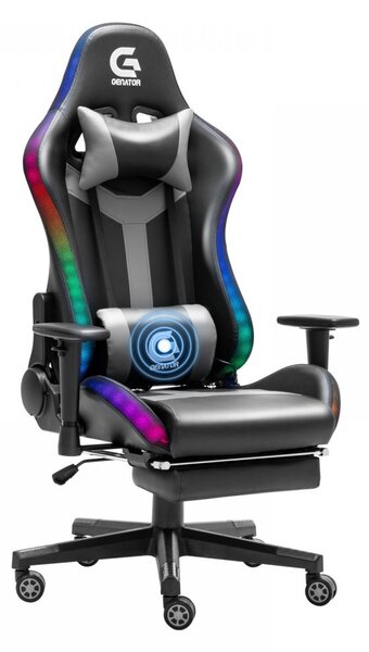Scaun gaming, sistem iluminare bandă LED RGB, boxe Bluetooth, masaj în perna lombara, funcție șezlong, 90-180 grade, suport picioare, SIG GS 024, Negru/Gri