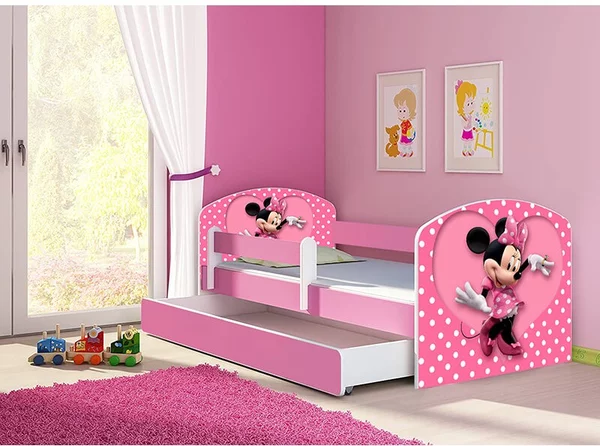 Pat copii cu sertar si saltea Minnie Mouse si protectie anticadere