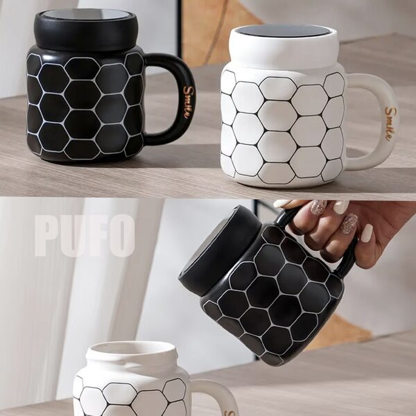 Cana din ceramica cu capac Pufo Simply Smile pentru cafea sau ceai, 400 ml, alb