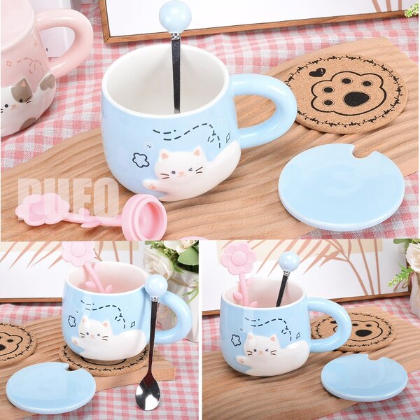 Cana cu capac din ceramica si lingurita Pufo Happy Kitty pentru cafea sau ceai, 350 ml, albastru