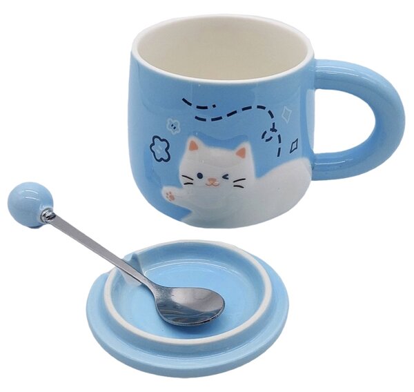 Cana cu capac din ceramica si lingurita Pufo Happy Kitty pentru cafea sau ceai, 350 ml, albastru