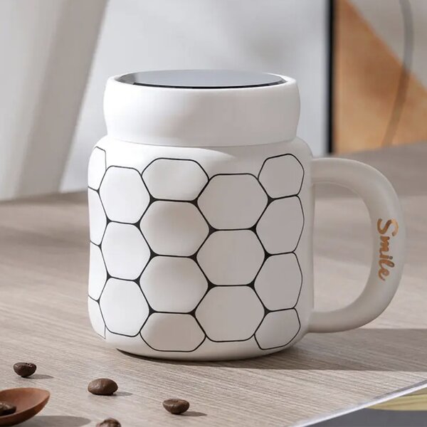 Cana din ceramica cu capac Pufo Simply Smile pentru cafea sau ceai, 400 ml, alb