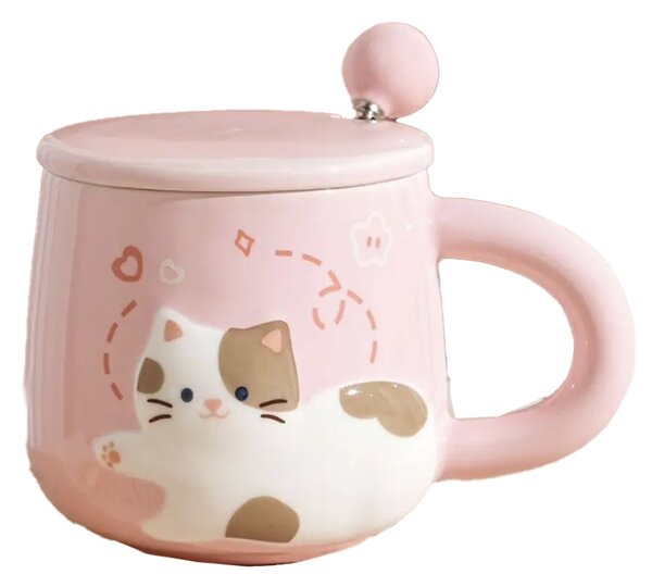Cana cu capac din ceramica si lingurita Pufo Happy Kitty pentru cafea sau ceai, 350 ml, roz