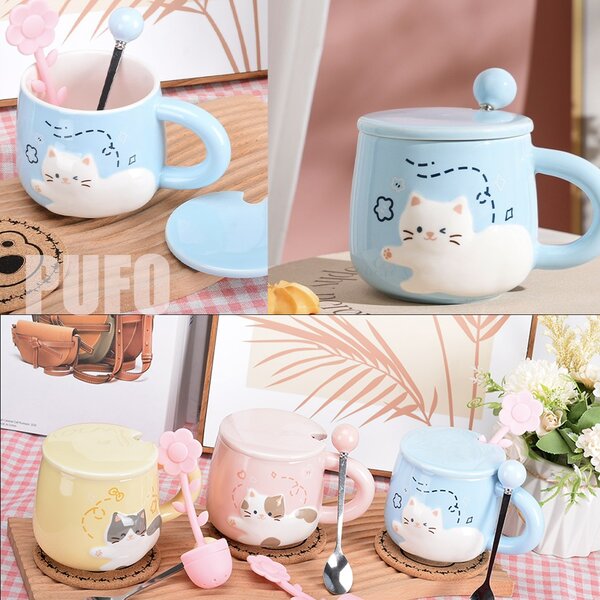 Cana cu capac din ceramica si lingurita Pufo Happy Kitty pentru cafea sau ceai, 350 ml, albastru