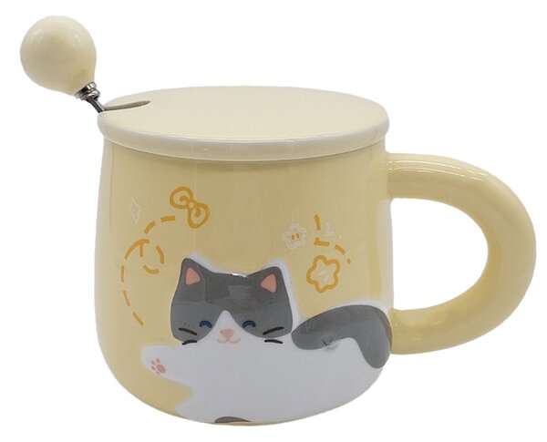 Cana cu capac din ceramica si lingurita Pufo Happy Kitty pentru cafea sau ceai, 350 ml, galben