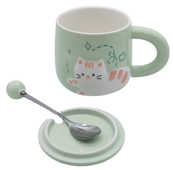 Cana cu capac din ceramica si lingurita Pufo Happy Kitty pentru cafea sau ceai, 350 ml, verde