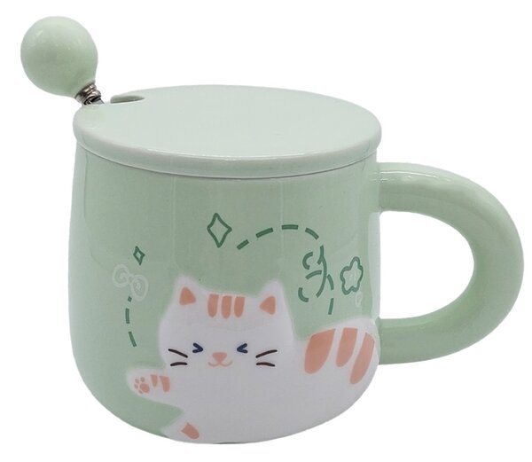 Cana cu capac din ceramica si lingurita Pufo Happy Kitty pentru cafea sau ceai, 350 ml, verde