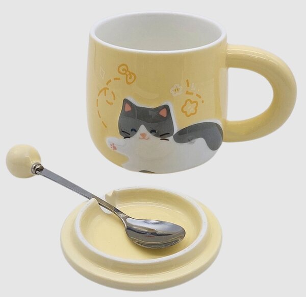 Cana cu capac din ceramica si lingurita Pufo Happy Kitty pentru cafea sau ceai, 350 ml, galben