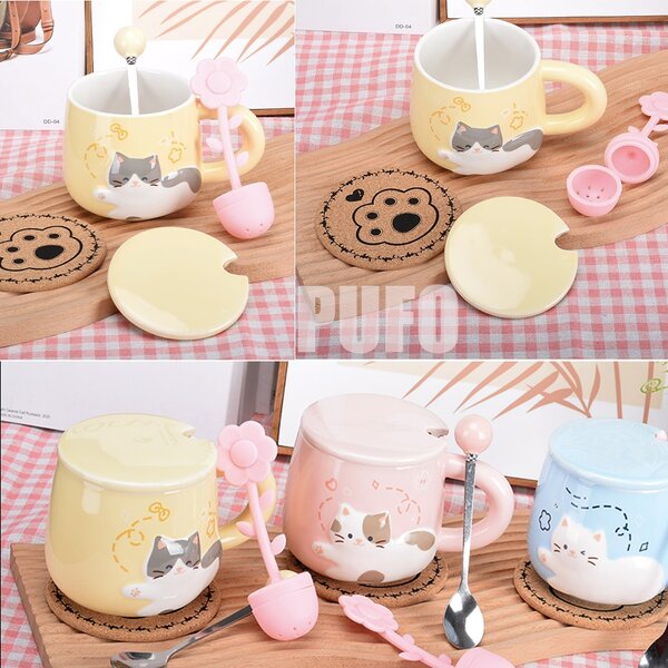 Cana cu capac din ceramica si lingurita Pufo Happy Kitty pentru cafea sau ceai, 350 ml, galben