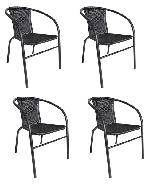 Set 4 scaune Rattan si Metal pentru Curte, Gradina, Terasa sau Balcon, Stivuibil, Culoare Negru