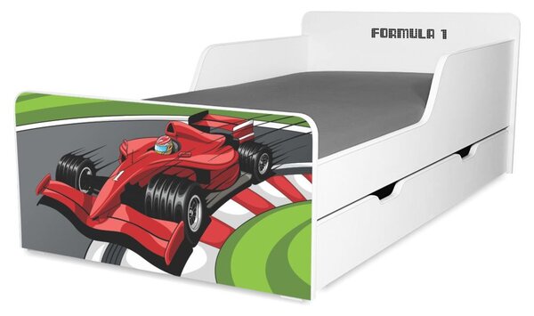 Pat copii Formula 1 2-12 ani cu sertar si saltea cadou