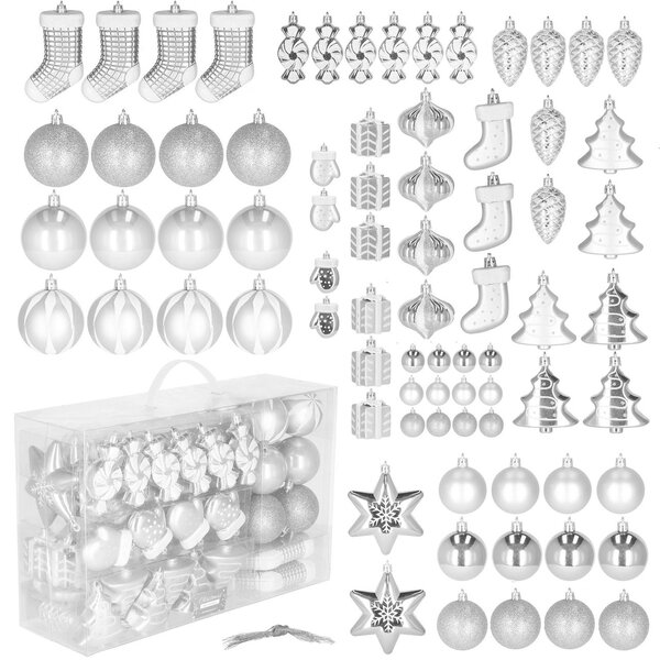 Set 72 Globuri Decoratiuni de Craciun pentru Brad, din Plastic, Argintiu