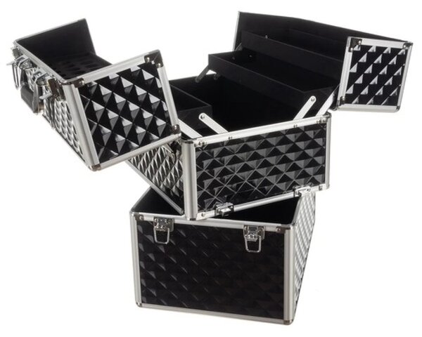 Cutie cosmetica XL, Tăvi extensibile, Compartiment inferior spațios, Suport pentru accesorii, Negru/Argintiu, 42,5 x 35 x 24,5 cm