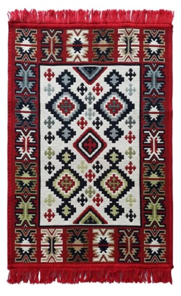 Covor traditional, cu doua fete, dimensiunea 60 x 120cm, rosu-bej