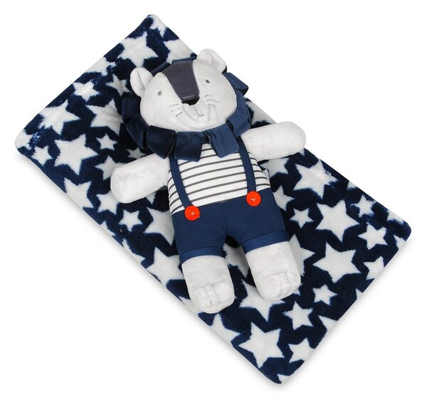 Pătură de copii, albastru, cu steluțe, cu jucărie din pluș leu, 75 x 100 cm