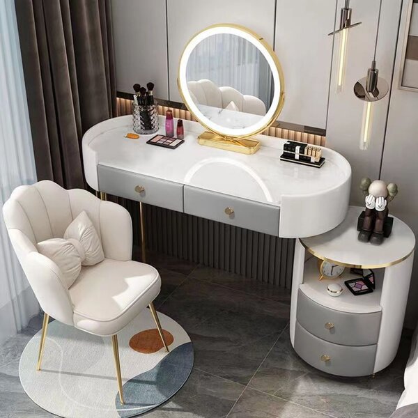 Set Anais, Masă de toaletă pentru machiaj cu oglindă iluminată LED, control touch, 4 sertare, scaun, Gri