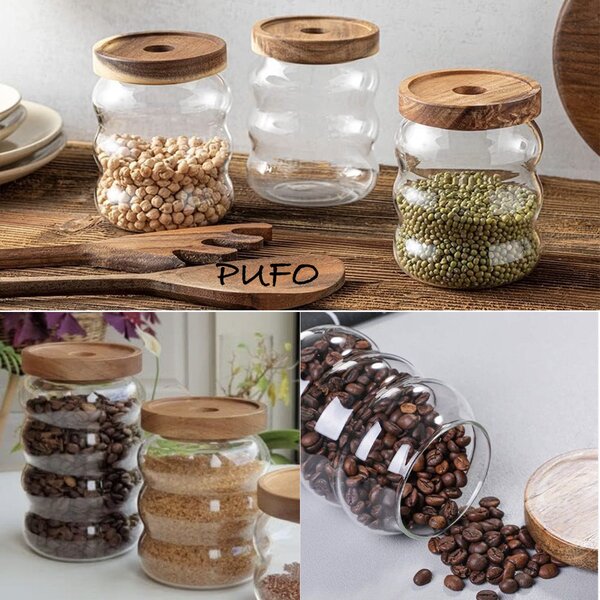 Recipient din sticla borosilicata Pufo Spicey pentru zahar, cafea, ceai sau condimente, cu capac din lemn, 600 ml