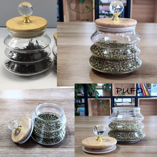 Recipient din sticla borosilicata Pufo Spicey pentru zahar, cafea, ceai sau condimente, cu capac din lemn, 400 ml