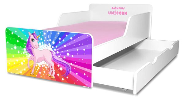 Pat copii Rainbow Unicorn 2-12 ani cu sertar