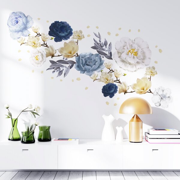 Sticker White Magnolia With Blue Watercolour Flowers