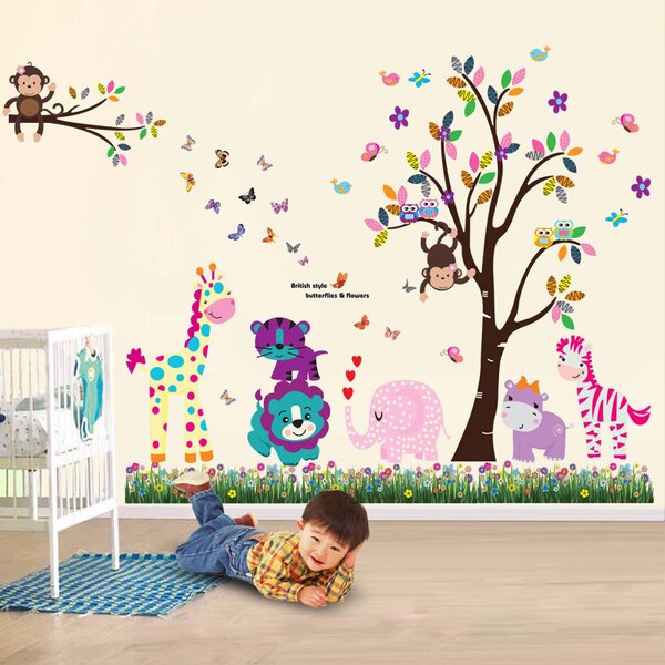 Sticker Happy Animal, S Tree And Butterflies Grass