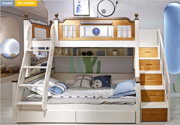 Pat supraetajat Royal din lemn de stejar cu dulap tip scara pentru dormitor copii cod BH-A8208