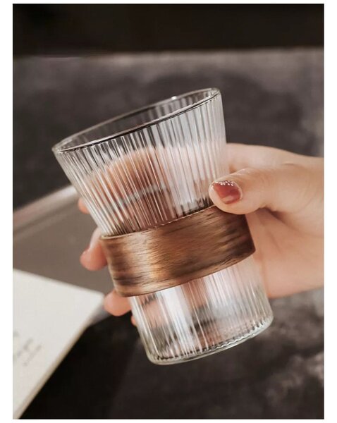 Pahar din sticla borosilicata cu protectie lemn, Lines, 350 ml