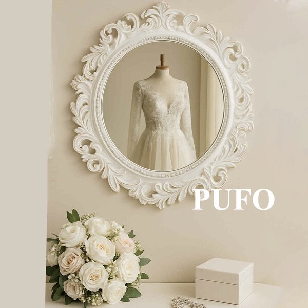 Oglinda decorativa eleganta de perete Pufo Glorious, rotunda, 48 cm, alb