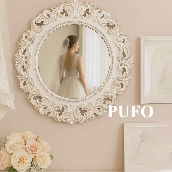 Oglinda decorativa eleganta de perete Pufo Glorious, rotunda, 48 cm, alb