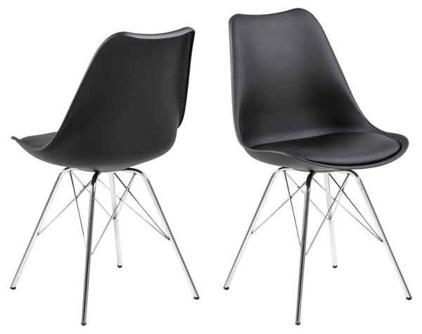 Set 4 scaune din plastic, sezut tapitat cu piele ecologica si picioare metalice Eris Negru / Crom, l48,5xA54xH85,5 cm