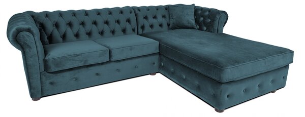 Canapea 2 locuri extensibila cu sezlong Chesterfield, albastru verzui, 245x85 175x70 cm
