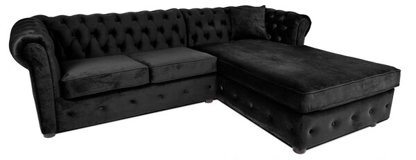Canapea 2 locuri extensibila cu sezlong Chesterfield, negru, 245x85 175x70 cm