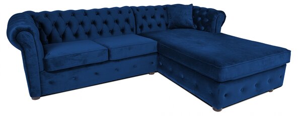 Canapea 2 locuri extensibila cu sezlong Chesterfield, albastru, 245x85 175x70 cm