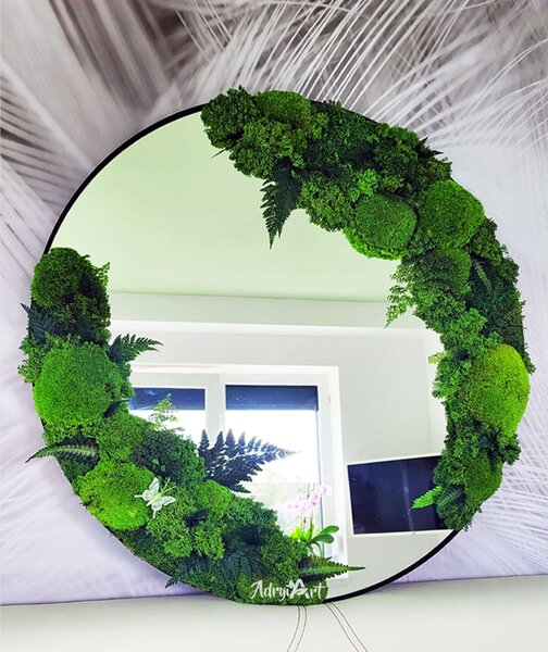 Oglinda rotunda decorata cu muschi bombati si ferigi naturale stabilizate