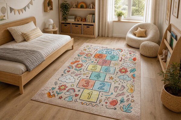 BAMBINO 61470 covor lavabil Grădină hopscotch, Flori, numere pentru copii anti-alunecare - roz / albastru