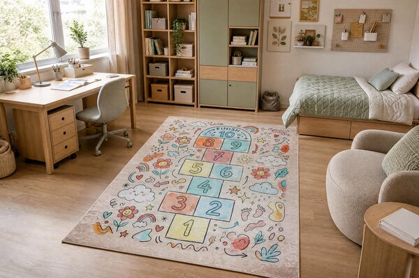 BAMBINO 61470 covor lavabil Grădină hopscotch, Flori, numere pentru copii anti-alunecare - roz / albastru